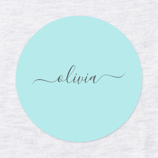 Aqua Blue Aquamarin Modern Script Monogram Name Etiketten (Design 2)
