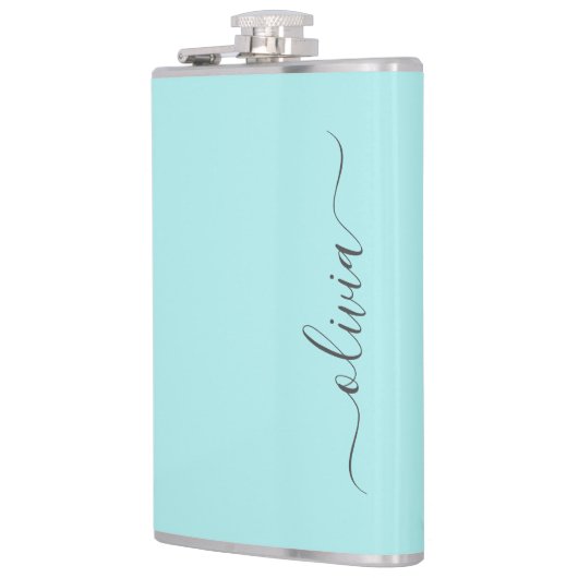 Aqua Blue Aquamarin Modern Script Monogram Name Flachmann (Links)