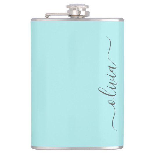 Aqua Blue Aquamarin Modern Script Monogram Name Flachmann (Vorderseite)