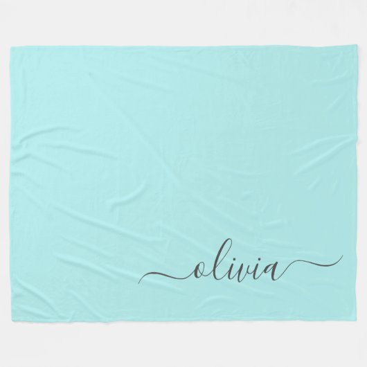 Aqua Blue Aquamarin Modern Script Monogram Name Fleecedecke (Vorderseite (Horizontal))