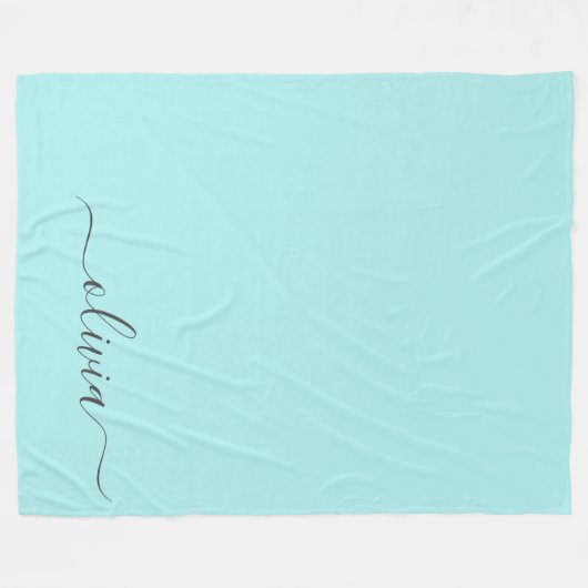 Aqua Blue Aquamarin Modern Script Monogram Name Fleecedecke (Vorderseite (Horizontal))