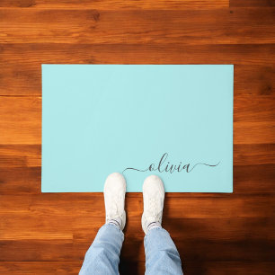 Aqua Blue Aquamarin Modern Script Monogram Name Fußmatte