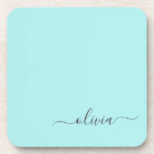 Aqua Blue Aquamarin Modern Script Monogram Name Getränkeuntersetzer (Vorderseite)