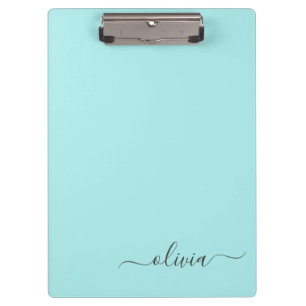 Aqua Blue Aquamarin Modern Script Monogram Name Klemmbrett