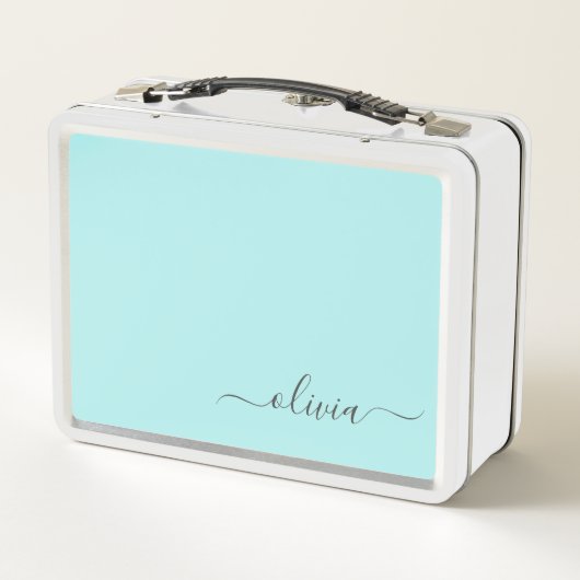 Aqua Blue Aquamarin Modern Script Monogram Name Metall Brotdose (Rückseite)