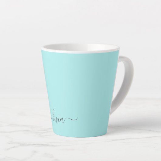 Aqua Blue Aquamarin Modern Script Monogram Name Milchtasse (Rechte Ecke)