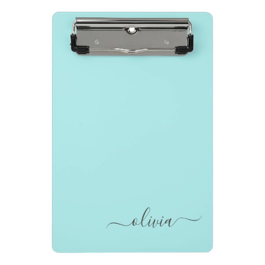 Aqua Blue Aquamarin Modern Script Monogram Name Mini Klemmbrett (Vorderseite)