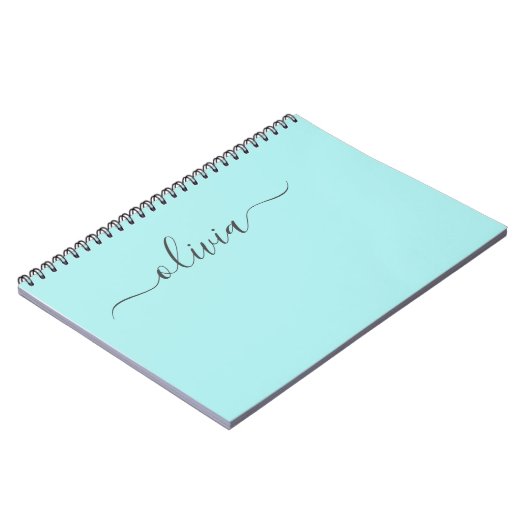 Aqua Blue Aquamarin Modern Script Monogram Name Notizblock (Linke Seite)