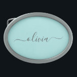 Aqua Blue Aquamarin Modern Script Monogram Name Ovale Gürtelschnalle<br><div class="desc">Aqua Blue Aquamarin einfache Skriptmonogramm Name Gürtelschnalle. Das macht den perfekten Abschluss,  süß 16 16.,  18.,  21.,  30.,  40.,  50.,  60.,  70.,  80.,  90.,  100. Geburtstag,  Hochzeit,  Brautparty,  Jubiläum,  Babydusche oder Junggeselinnen-Abschied Geschenk für jemanden,  der Luxus und Chic Stil Lieben glänze.</div>