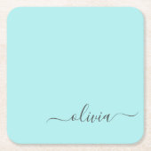 Aqua Blue Aquamarin Modern Script Monogram Name Rechteckiger Pappuntersetzer (Vorderseite)