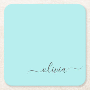 Aqua Blue Aquamarin Modern Script Monogram Name Rechteckiger Pappuntersetzer