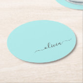 Aqua Blue Aquamarin Modern Script Monogram Name Runder Pappuntersetzer (Angewinkelt)