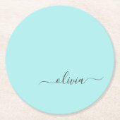 Aqua Blue Aquamarin Modern Script Monogram Name Runder Pappuntersetzer (Vorderseite)
