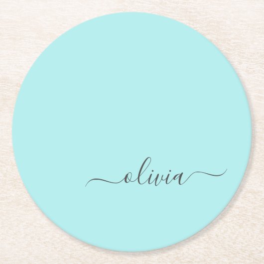 Aqua Blue Aquamarin Modern Script Monogram Name Runder Pappuntersetzer (Vorderseite)