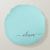 Aqua Blue Aquamarin Modern Script Monogram Name Rundes Kissen (Vorderseite)