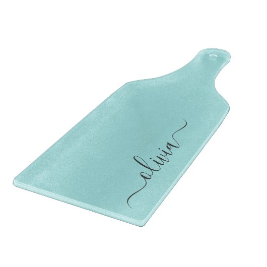 Aqua Blue Aquamarin Modern Script Monogram Name Schneidebrett (Ecke)