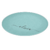Aqua Blue Aquamarin Modern Script Monogram Name Schneidebrett (Ecke)