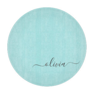 Aqua Blue Aquamarin Modern Script Monogram Name Schneidebrett