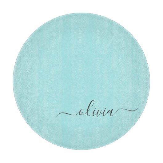 Aqua Blue Aquamarin Modern Script Monogram Name Schneidebrett (Vorderseite)