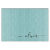 Aqua Blue Aquamarin Modern Script Monogram Name Schneidebrett (Vorderseite)