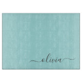 Aqua Blue Aquamarin Modern Script Monogram Name Schneidebrett (Vorderseite)