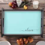 Aqua Blue Aquamarin Modern Script Monogram Name Serviertablett<br><div class="desc">Aqua Blue Aquamarin Simple Script Monogram Name Place Serviertablett. Dies macht den perfekten Abschluss,  Geburtstag,  Hochzeit,  Brautparty,  Jubiläum,  Babydusche oder Junggeselinnen-Abschied Geschenk für jemanden,  die Lieben glamourösen Luxus und schicke Stile.</div>