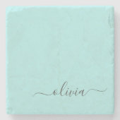 Aqua Blue Aquamarin Modern Script Monogram Name Steinuntersetzer (Vorderseite)