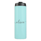 Aqua Blue Aquamarin Modern Script Monogram Name Thermosbecher (Vorderseite)
