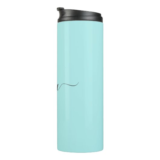 Aqua Blue Aquamarin Modern Script Monogram Name Thermosbecher (Nach rechts gedreht)