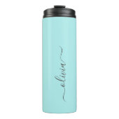 Aqua Blue Aquamarin Modern Script Monogram Name Thermosbecher (Vorderseite)
