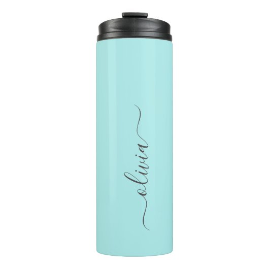 Aqua Blue Aquamarin Modern Script Monogram Name Thermosbecher (Vorderseite)
