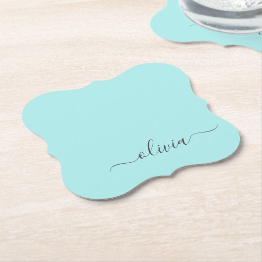 Aqua Blue Aquamarin Modern Script Monogram Name Untersetzer (angewinkelt)