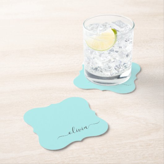 Aqua Blue Aquamarin Modern Script Monogram Name Untersetzer (Vor Ort)
