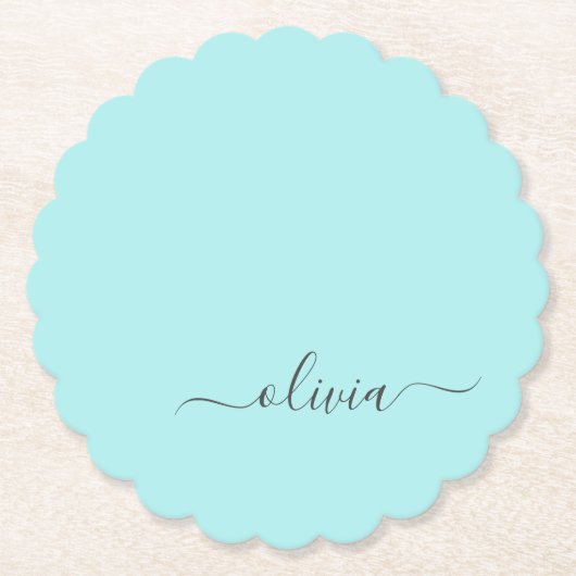 Aqua Blue Aquamarin Modern Script Monogram Name Untersetzer (Vorderseite)