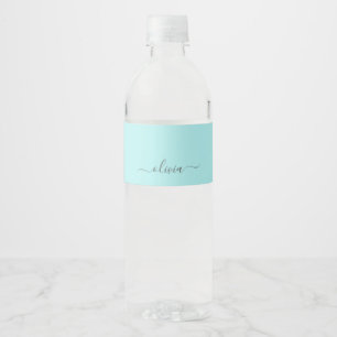 Aqua Blue Aquamarin Modern Script Monogram Name Wasserflaschenetikett
