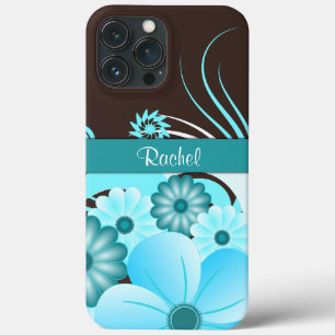 Aqua Blue Aquamarin & Schokolade Braun Hibiskus Bl iPhone 13 Pro Max Hülle