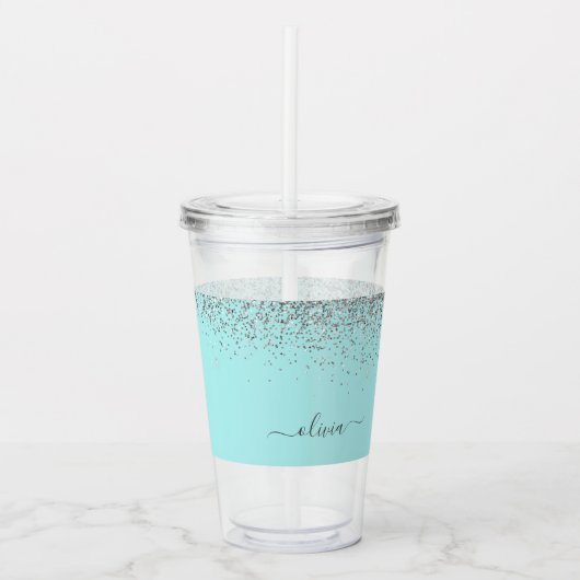 Aqua Blue Aquamarin Silver Glitzer Monogram Acryltrinkbecher (Vorderseite)