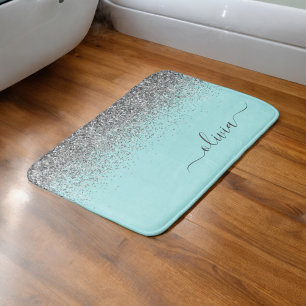 Aqua Blue Aquamarin Silver Glitzer Monogram Badematte
