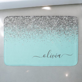 Aqua Blue Aquamarin Silver Glitzer Monogram Badematte