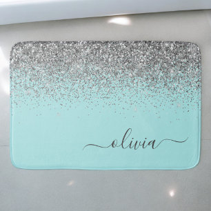 Aqua Blue Aquamarin Silver Glitzer Monogram Badematte