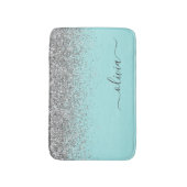 Aqua Blue Aquamarin Silver Glitzer Monogram Badematte (Vorderseite Vertikal)