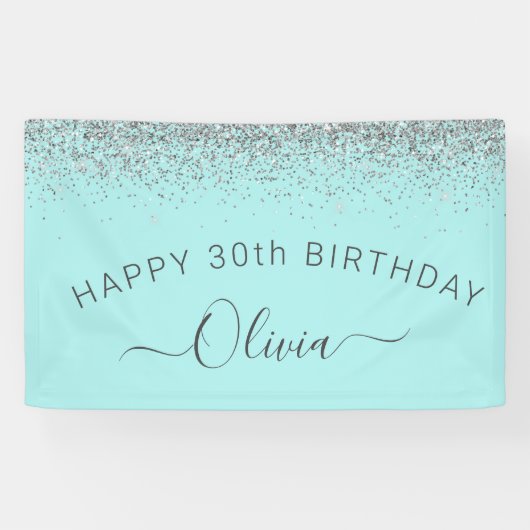 Aqua Blue Aquamarin Silver Glitzer Monogram Banner (Horizontal)