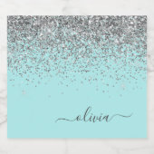 Aqua Blue Aquamarin Silver Glitzer Monogram Bierflaschenetikett (Einzelnes Label)