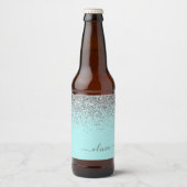 Aqua Blue Aquamarin Silver Glitzer Monogram Bierflaschenetikett (Vorderseite)