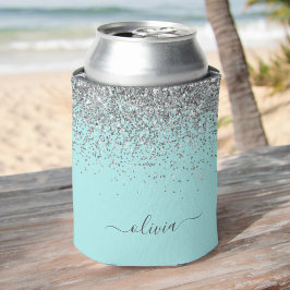 Aqua Blue Aquamarin Silver Glitzer Monogram Dosenkühler