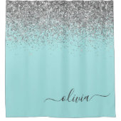 Aqua Blue Aquamarin Silver Glitzer Monogram Duschvorhang (Vorderseite)