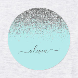Aqua Blue Aquamarin Silver Glitzer Monogram Etiketten