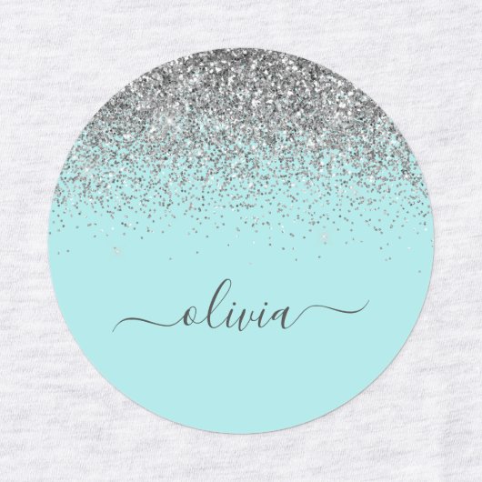 Aqua Blue Aquamarin Silver Glitzer Monogram Etiketten (Design 1)