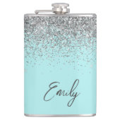Aqua Blue Aquamarin Silver Glitzer Monogram Flachmann (Vorderseite)