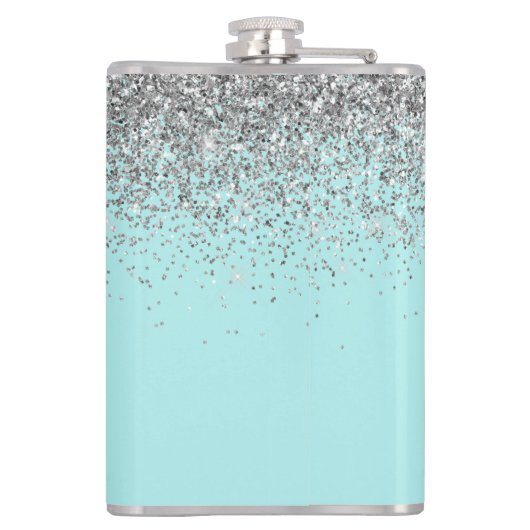 Aqua Blue Aquamarin Silver Glitzer Monogram Flachmann (Rückseite)